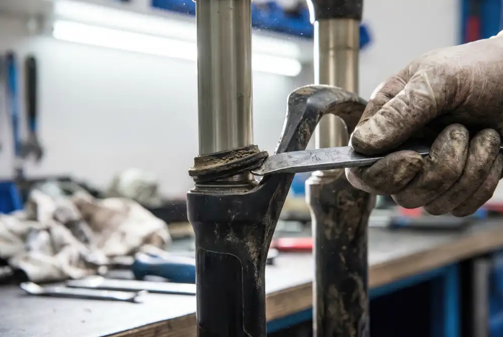 A mechanic's gloved hands servicing a suspension fork on the workbench, seals and fluid mid-replacement